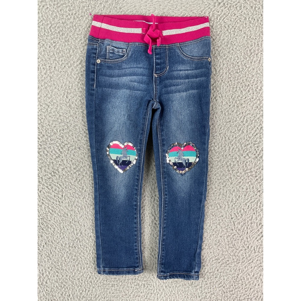 Blue Ink Skinny Jeans Kids 4T Blue Unicorn Heart Sequin Magical Fantasy Pull On